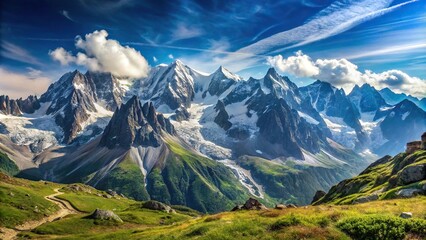 Naklejka premium Wide-angle panorama of Mont Blanc massive mountains
