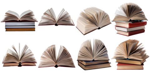 Stack of open books with different pages turning angles isolated on transparent background