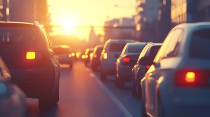 A busy urban street filled with cars during sunset, showcasing the vibrant colors of twilight and the hustle of city life.