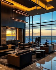 A luxurious airport VIP lounge with travelers enjoying cocktails, modern decor, and large windows offering a view of the planes, all under soft, ambient lighting