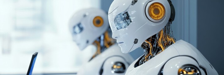 Two white humanoid robots with glowing orange eyes and visible internal wiring are working in a modern office setting. They represent the advancement of artificial intelligence and automation in the w