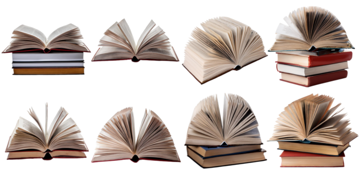 Stack of open books with different pages turning angles isolated on transparent background