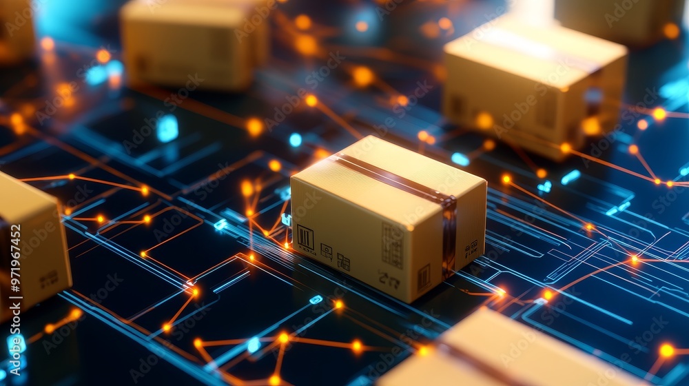 Poster a 3d illustration depicting a global logistics network, represented by parcels connected by circuit 