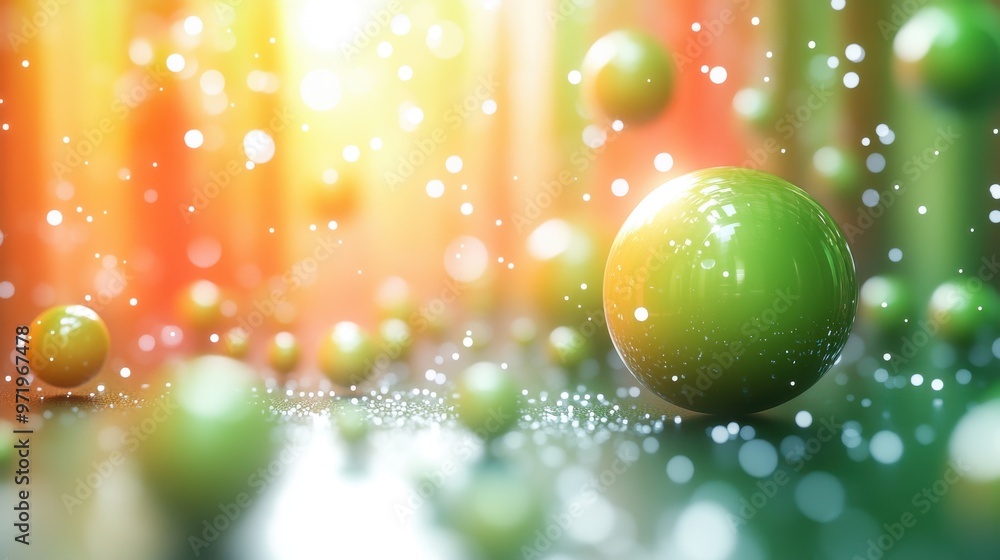 Poster abstract minimal peachy beige backgroun with matrix of green balls illuminate with sunlight