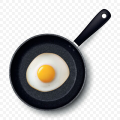 Vector 3d Realistic Fried Egg in the Black Frying Pan, Closeup Isolated, Top View. Design Template of Scrambled Eggs, Fried Egg, Omelette. Delicious Breakfast, Food, Culinary Concept