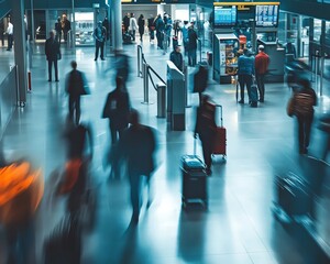 A security checkpoint with travelers lining up, luggage being scanned, and security staff working efficiently, with a focus on the interaction and the environment slightly blurred