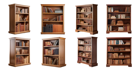 Wooden bookshelves with books arranged in multiple styles isolated on transparent background