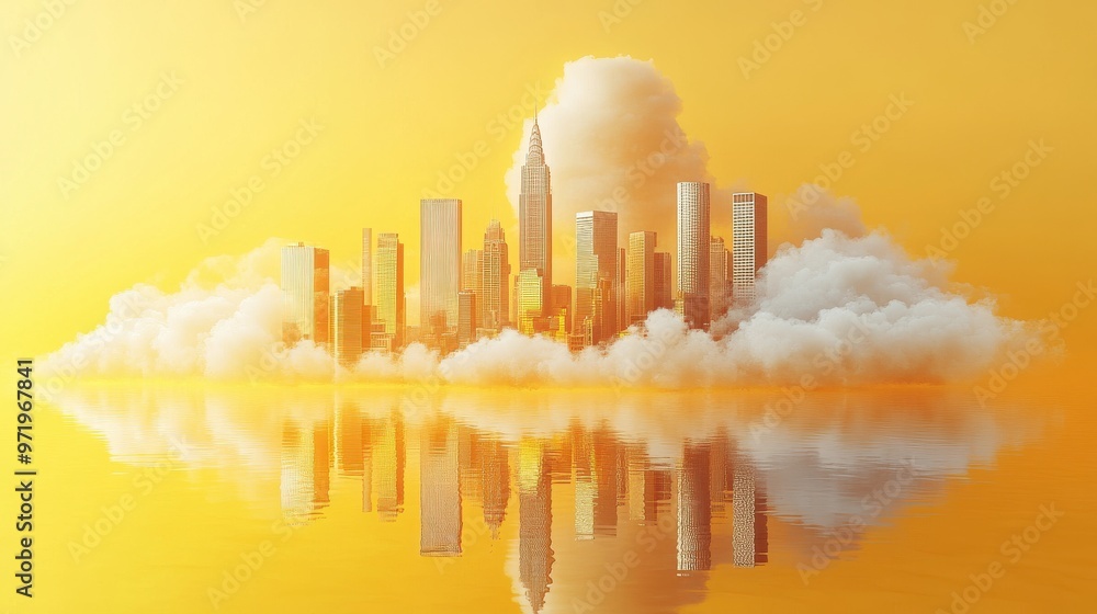 Poster abstract modern cityscape isolate on yellow backgroun mirror skyscrapers with white clouds minimal u
