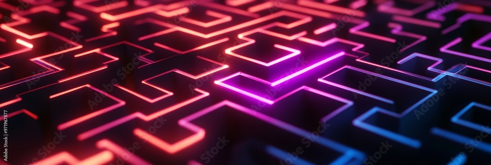 Poster a 3d render of an intricate neon maze with glowing pink and blue paths. this abstract image symboliz