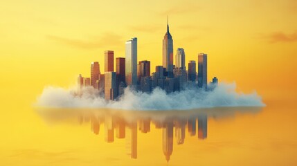 abstract modern cityscape isolate on yellow backgroun mirror skyscrapers with white clouds minimal urban wallpaper