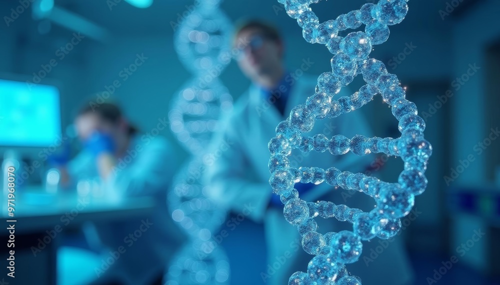 Poster innovation in the lab scientists at work with dna models