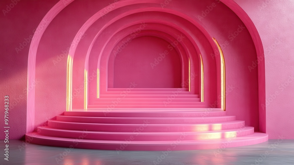 Aufkleber abstract monochrome pink backgroun with empty roun stage an golden arch modern minimal showcase scen