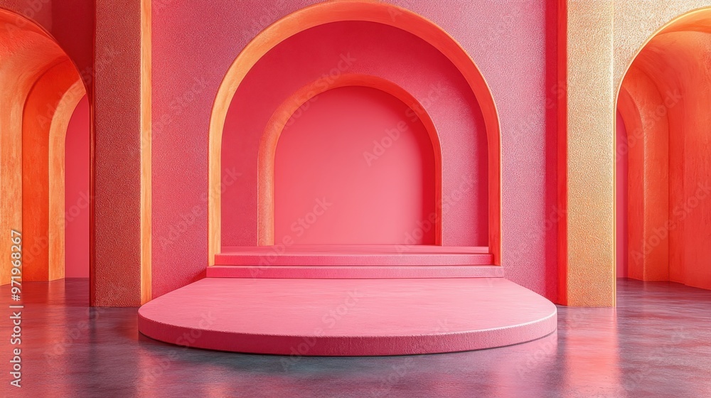 Aufkleber abstract monochrome pink backgroun with empty roun stage an golden arch modern minimal showcase scen