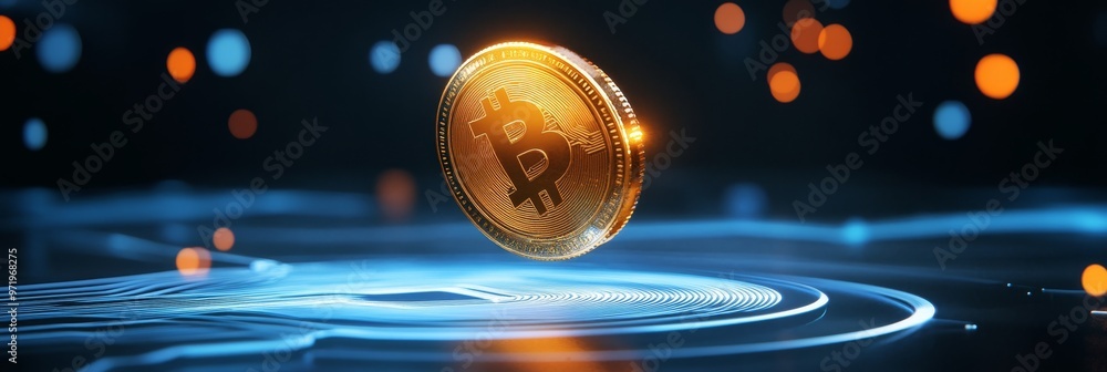 Poster a 3d of a glowing bitcoin coin hovering above a blue digital wave, symbolizing the world of digital 