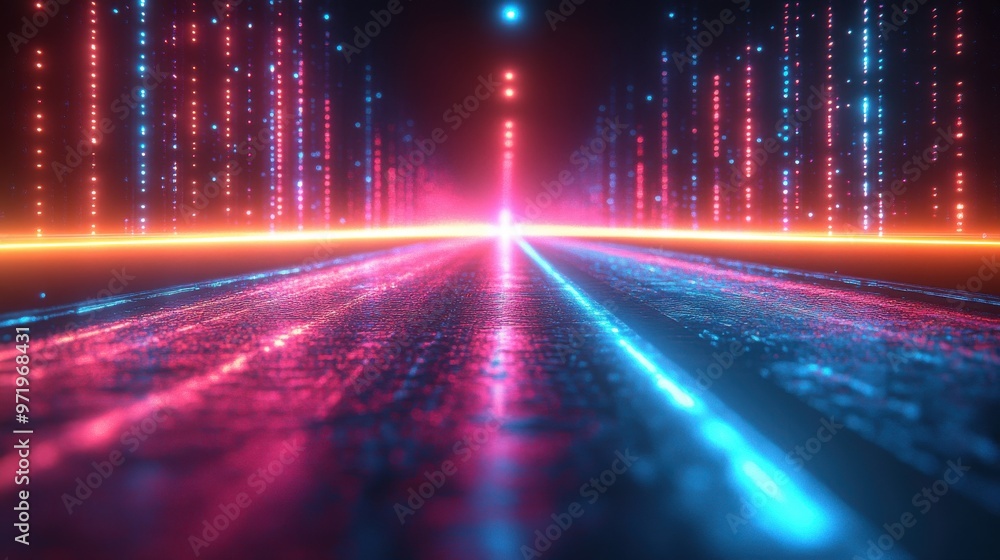 Poster abstract neon backgroun with ascending glowing lines colorful laser rays
