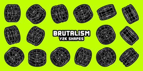 Naklejka premium Wireframe lined shapes. Perspective mesh, 3d grid. Modern trendy low poly geometric elements. Retro futuristic design elements, y2k, vaporwave and synthwave style. Vector illustration