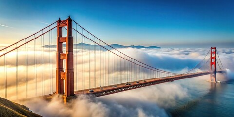 Obraz premium Wide-angle view of the first tower of the Golden Gate Bridge shrouded in fog