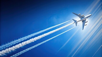 Wide-Angle White plane high in the blue sky with a white trail