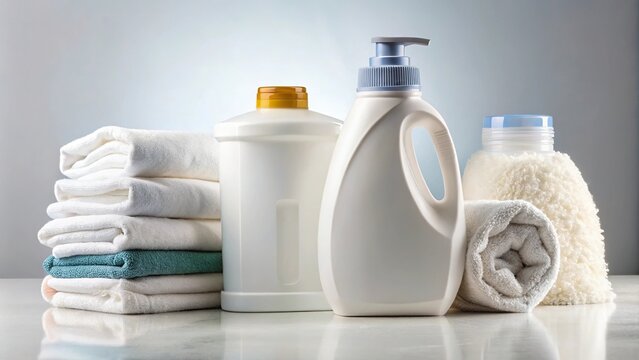 Wide-Angle White plastic packaging with laundry detergent liquid washing powder conditioner bleach stain remover for clothes terry towels in a basket