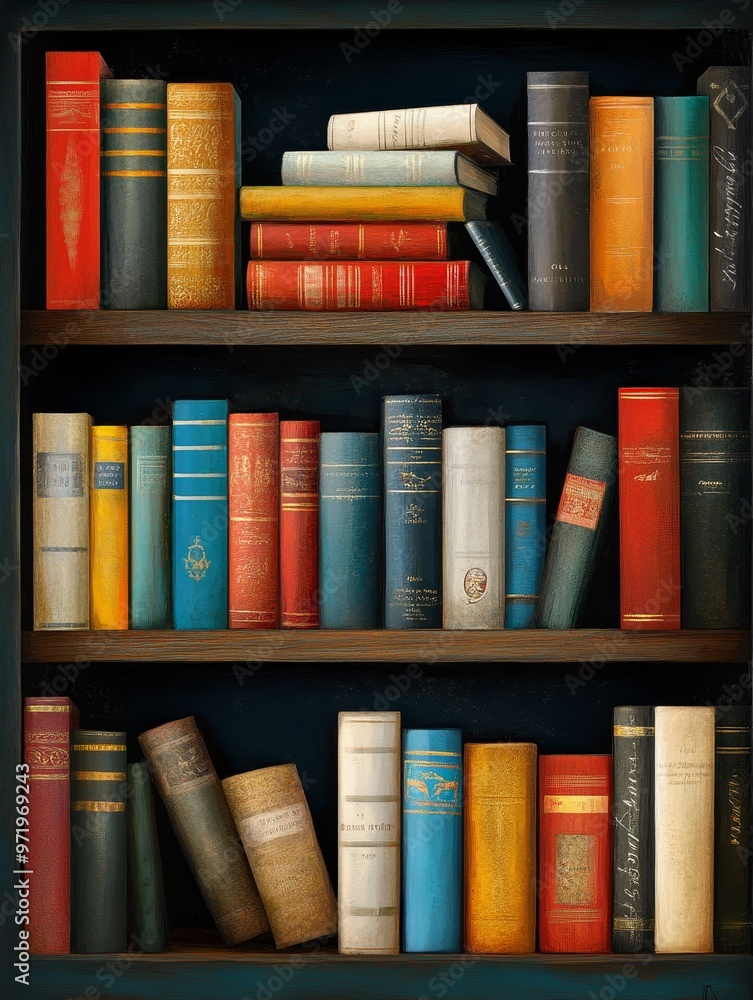 Poster a bookshelf filled with colorful books, representing a wide range of knowledge, learning, and the po