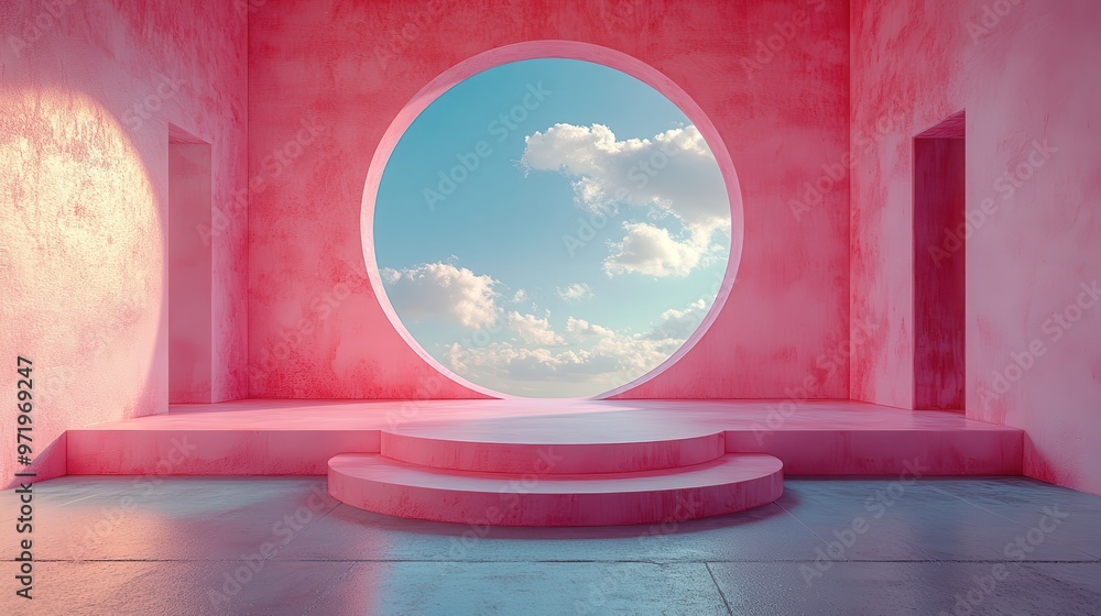 Poster abstract peachy backgroun with blue sky inside the triangular window above the empty podium white cl