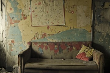 Worn Couch in a Room with Peeling Walls and Childish Drawings
