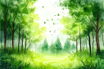 A serene forest scene with lush greenery and soft light filtering through trees.