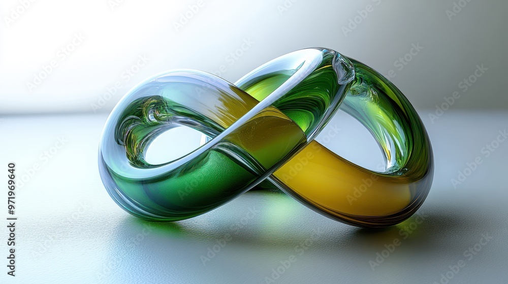 Poster abstract primitive geometrical shape shiny metallic yellow gol an green rings glossy chrome object i