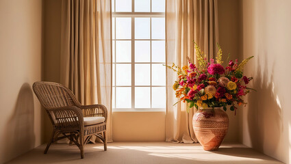 A wicker armchair, a vase of flowers, and beige wall, all lit by daylight—a perfect design inspiration