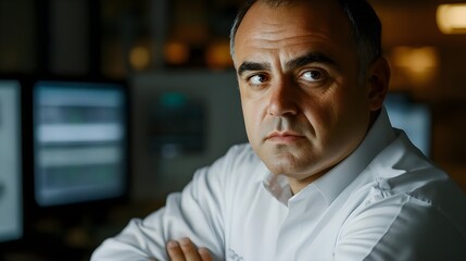 Fototapeta premium Focused man in a white shirt looking thoughtfully at the camera, conveying seriousness and concentration in a modern workspace.