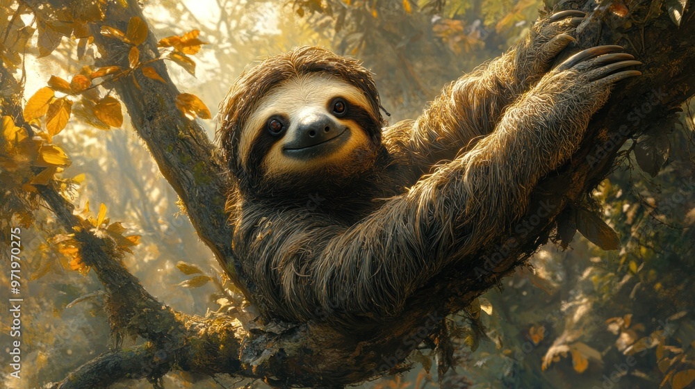 Poster a sloth resting on a tree branch in a lush, sunlit forest.