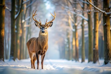 Wildlife scene with Fallow deer in snowy forest