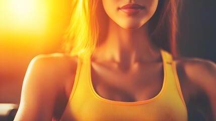 Portrait of a confident woman in a yellow tank top, illuminated by warm sunlight, exuding strength and positivity.