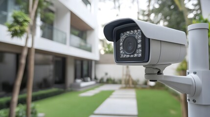 Security camera monitoring a modern outdoor space, ensuring safety in a contemporary residential area with lush greenery.