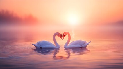 Fototapeta premium Two swans forming a heart shape in serene water at sunrise, surrounded by mist and soft colors, symbolizing love and tranquility.