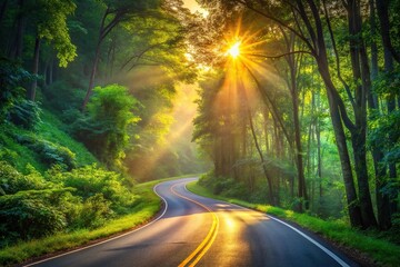 Obraz premium Winding road through lush green forest at sunrise