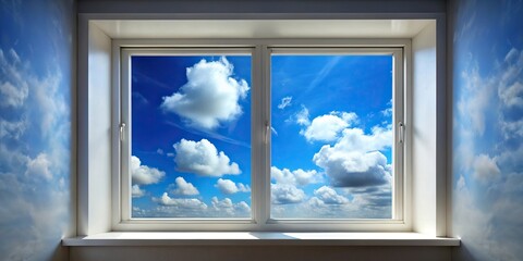 Window overlooking a blue sky with clouds