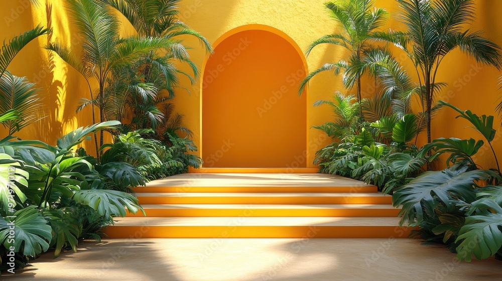 Wall mural abstract sunny yellow backgroun with arch steps palm leaves shadows an bright sunlight minimal showc