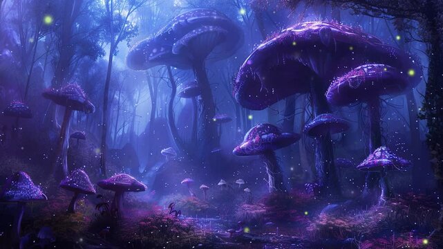 Magic place with big mushroom, sparkling, and firefly. Purple dark color.