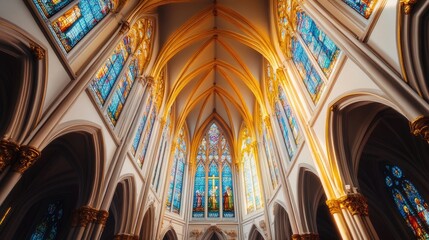 Fototapeta premium Gothic cathedral with intricate stained glass windows and towering spires