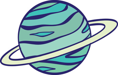 Green Saturn planet with rings cartoon vector illustration on transparent background