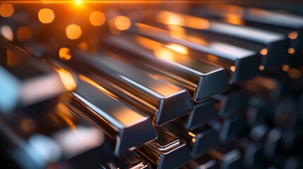 Obraz premium A close-up image of stacked industrial metal bars, symbolizing economic strength, growth, and stability, while highlighting the importance of raw materials in manufacturing and global trade.