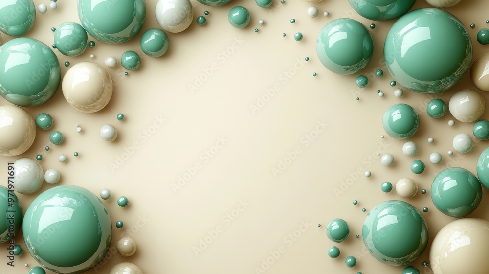 Poster abstract wall of many green an gol balls isolate on peachy beige backgroun balance an gravity concep