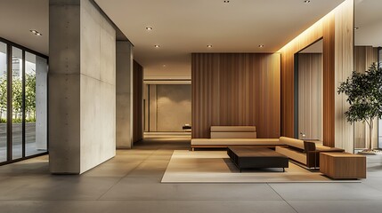 Large modern lobby or living room with minimalist decor.