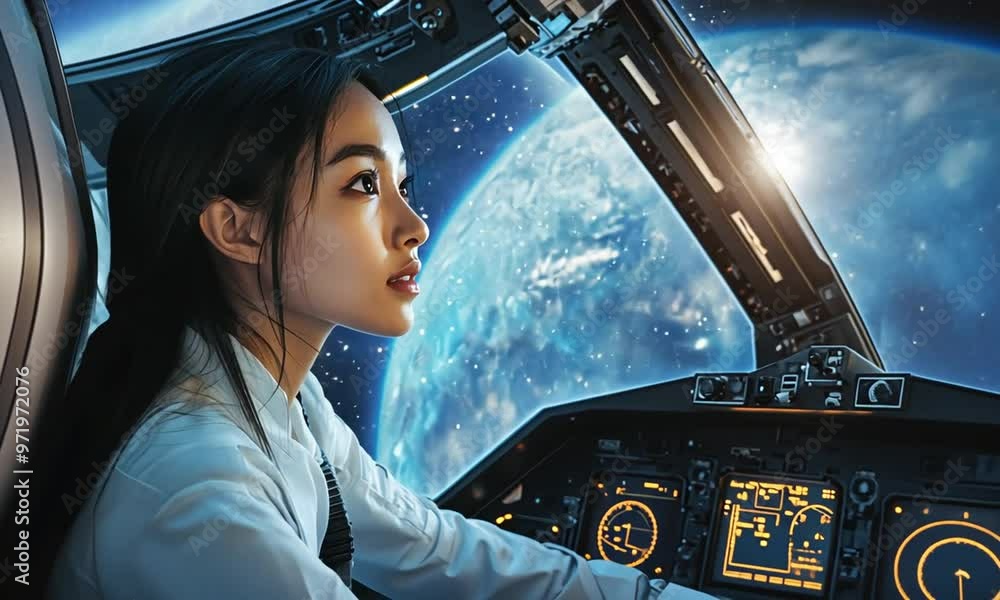 Poster female astronaut piloting spacecraft with earth in view with ai generated.