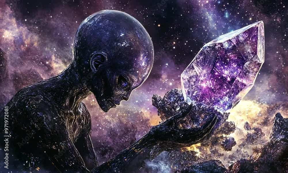 Sticker alien entity holding glowing crystal in cosmic scene with ai generated.