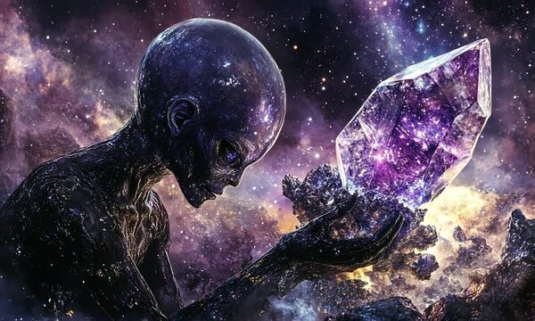 Alien Entity Holding Glowing Crystal in Cosmic Scene with ai generated.
