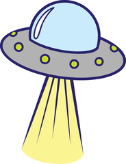 UFO, alien Spaceship with yellow light beam flying in space.  Spacecraft Cartoon Vector  Illustration isolated on transparent background