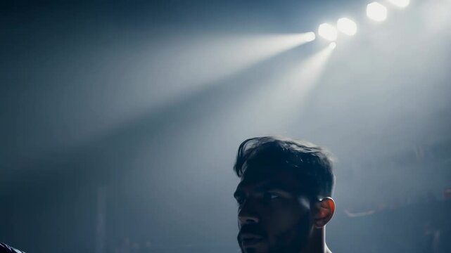 A boxer before a fight. He stares at his opponent, preparing for the fight. Unblinking, the boxer's eyes bore into his rival, a silent challenge.