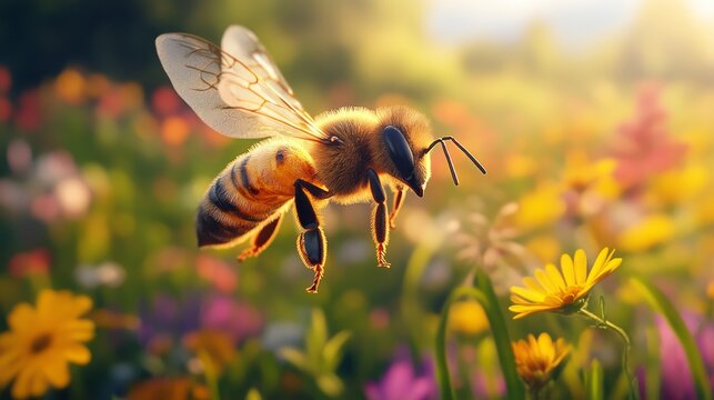 A close-up photograph of a honey bee in flight, showcasing its intricate details and the beauty of nature.  The bee appears to be in mid-air, its wings spread wide. It's a symbol of hard work, pollina